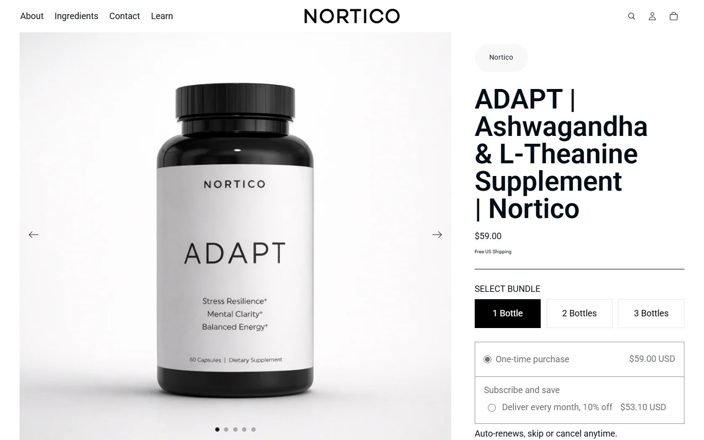 Ficha de ADAPT en computadora: foto del frasco a la izquierda; a la derecha título de cinco líneas, precio, packs y suscripción, sin el botón Add to cart a la vista