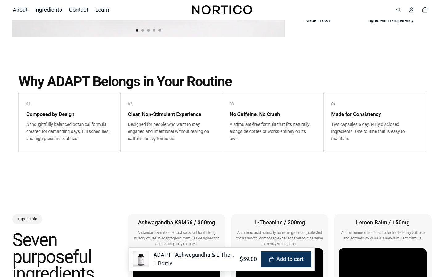 Ficha más abajo: cuatro razones de Why ADAPT y barra fija con Add to cart