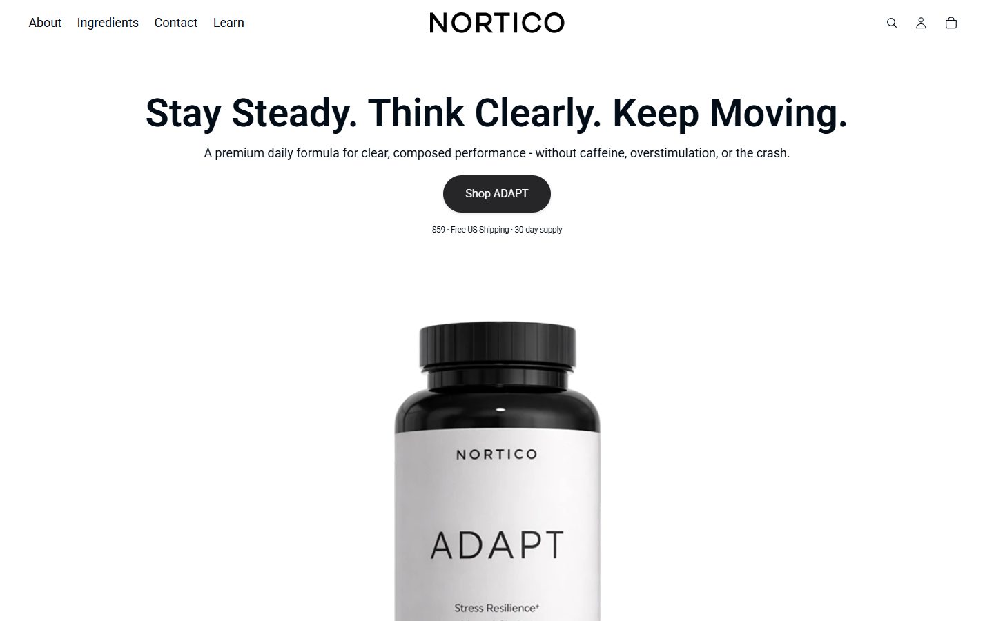 Portada de nortico.co en computadora: menú About, Ingredients, Contact, Learn, la frase de marca y el botón Shop ADAPT