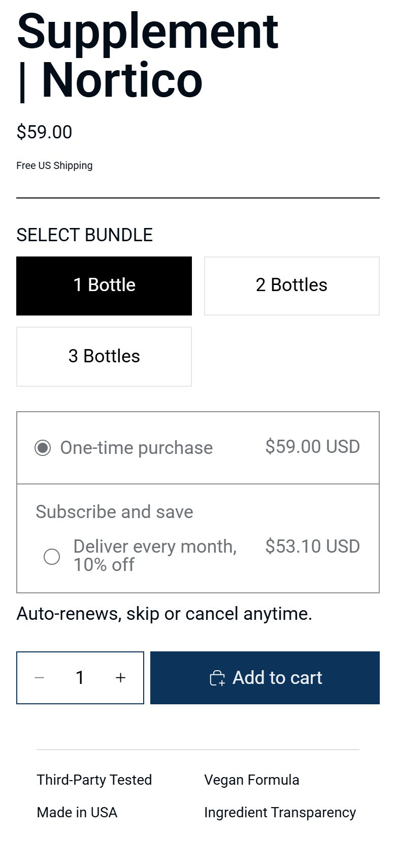 Zona de compra de la ficha: packs de 1, 2 y 3 frascos, suscripción y botón Add to cart