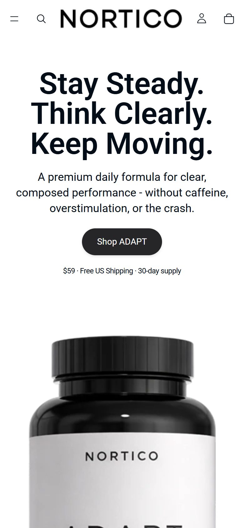 Portada de nortico.co en celular: Stay Steady. Think Clearly. Keep Moving. y botón Shop ADAPT